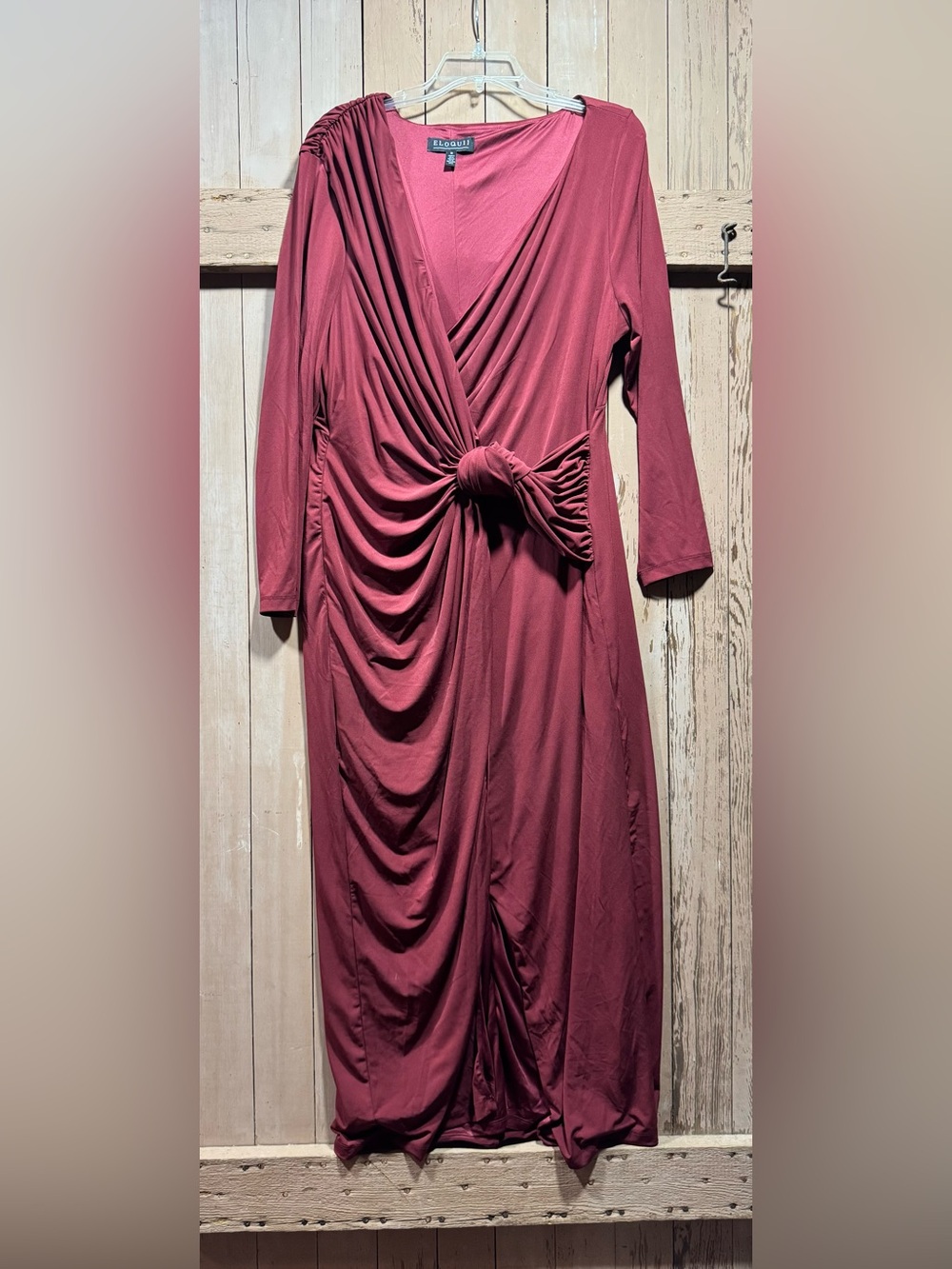 Eloquii Knot-Front Draped Long Sleeve Midi Dress - Wine